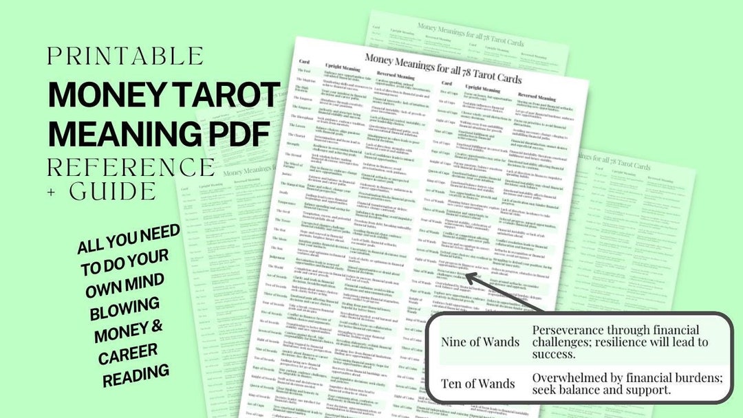 Tarot Deck Cheat Sheet for Money & Career Readings, Upright and