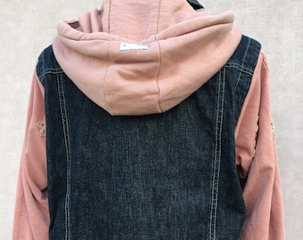 Denim jacket with pink sleeves and hood, #60