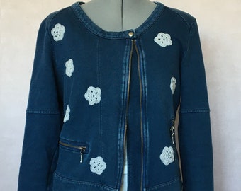 Jeans blue sweater jacket with crochet flowers, #152