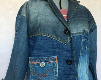 Wide patchwork vintage denim jacket,#193