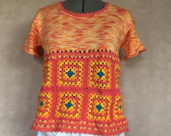 summer orange/pink crocheted and knitted sweater, #258