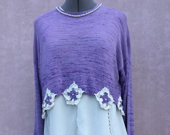 Lilac with white hand knitted tunic,#58