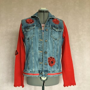 Denim jacket with red jersey sleeves and crochet flowers, #241