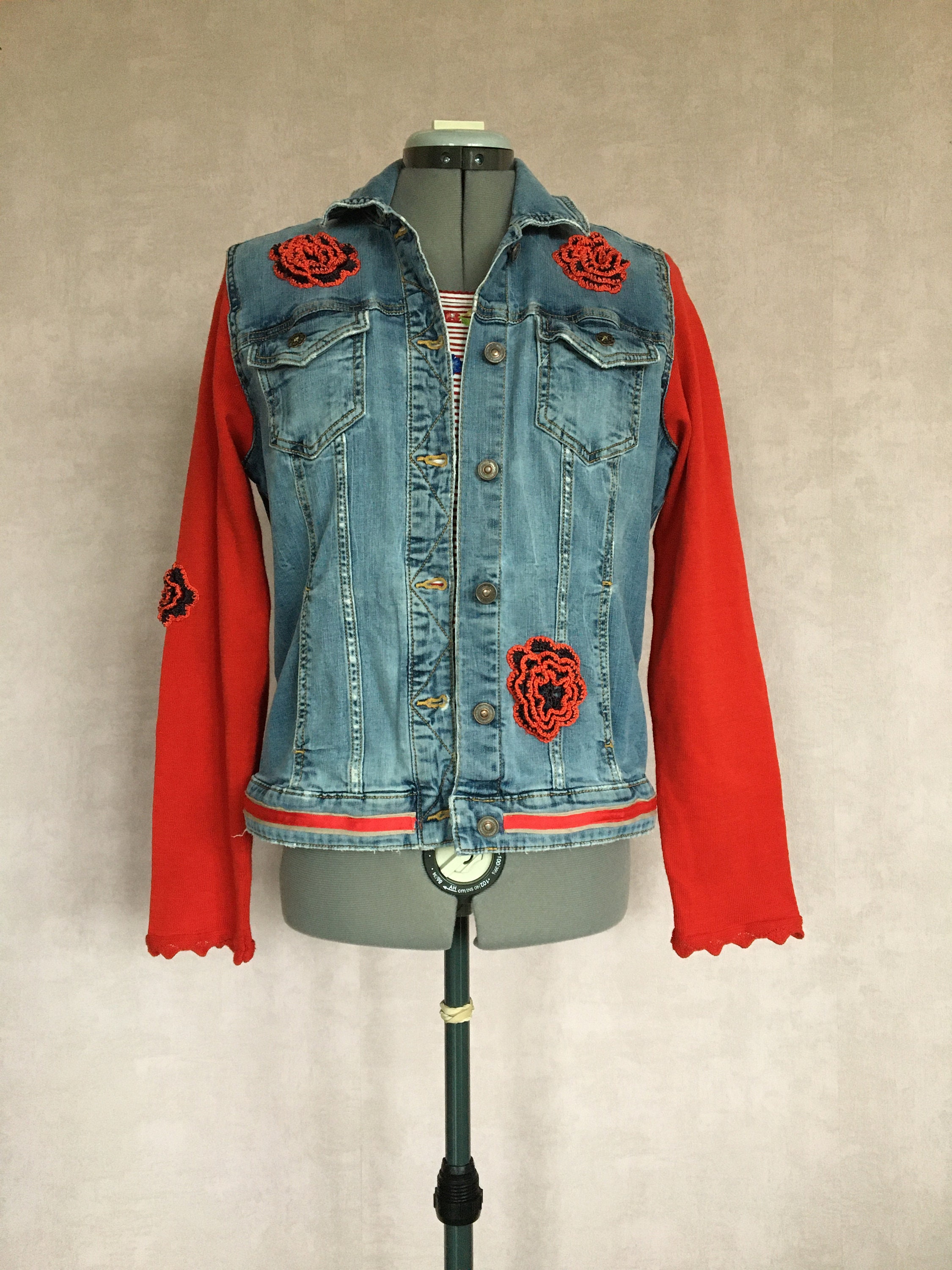 Denim Jacket With Red Jersey Sleeves and Crochet Flowers, 241 - Etsy