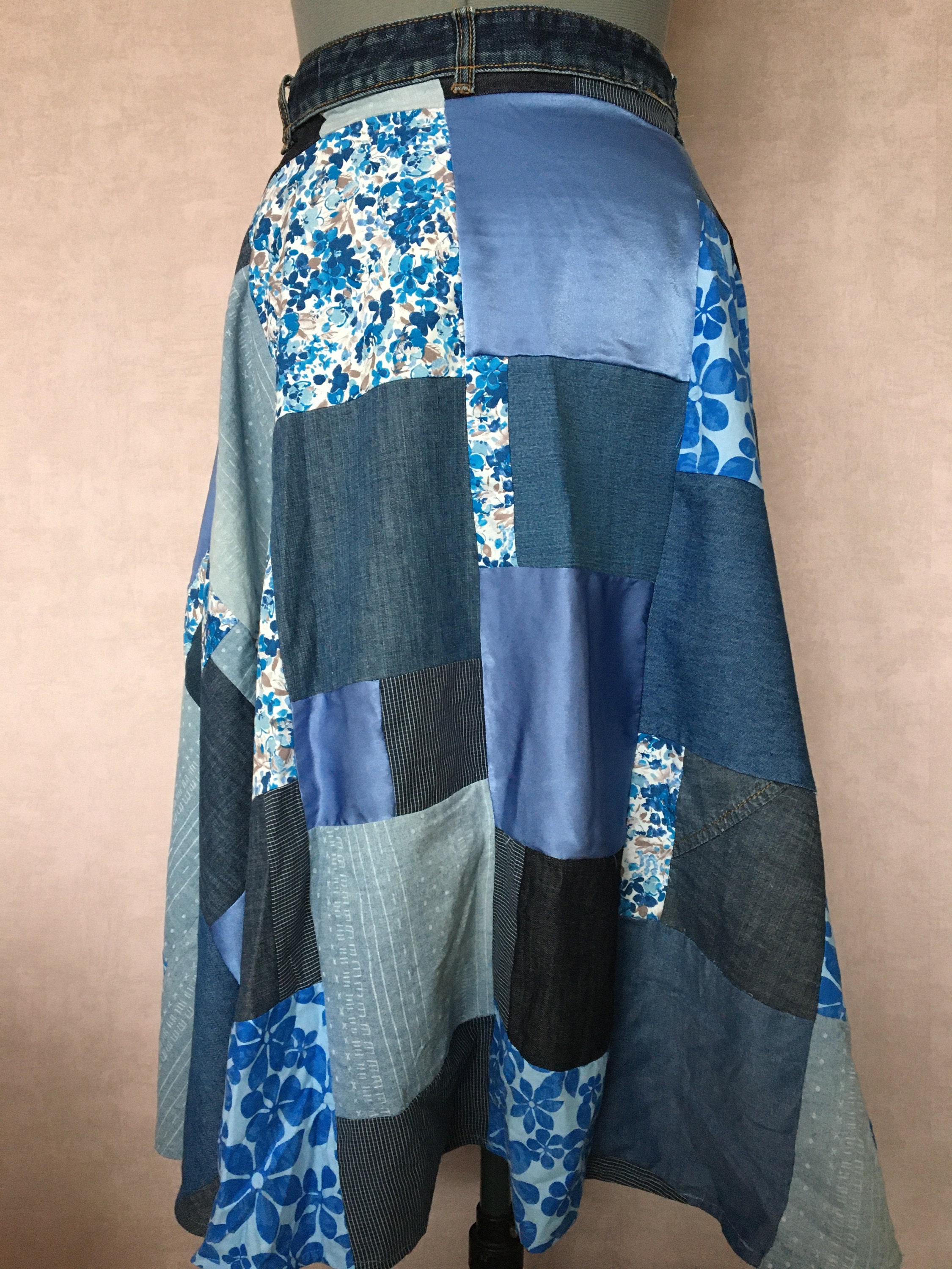 花模様の青いパッチワークのロングスカート # 136 - Etsy 日本