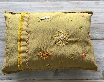 ochre yellow hand embroidered cushion, #265