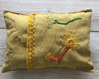 hand embroidered ochre yellow decorative cushion, #263