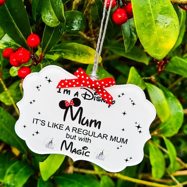 Personalised Disney Mum Christmas Decoration, Custom Minnie Mouse Ears Mummy Xmas Ornament, Bespoke Acrylic Festive Flat Bauble