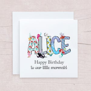 Carte d'anniversaire personnalisée avec nom de Disney, carte de lettres de griffonnage de petite sirène pour tout âge anniversaire, carte d'anniversaire de princesse Ariel