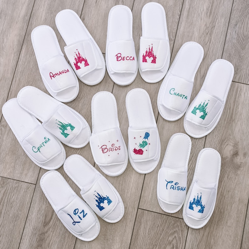 Personalised Slippers for Disney Wedding Perfect for Hen Party Gift Bags Ideal for Bridesmaid Gifts and Spa Weekend Gifts image 2