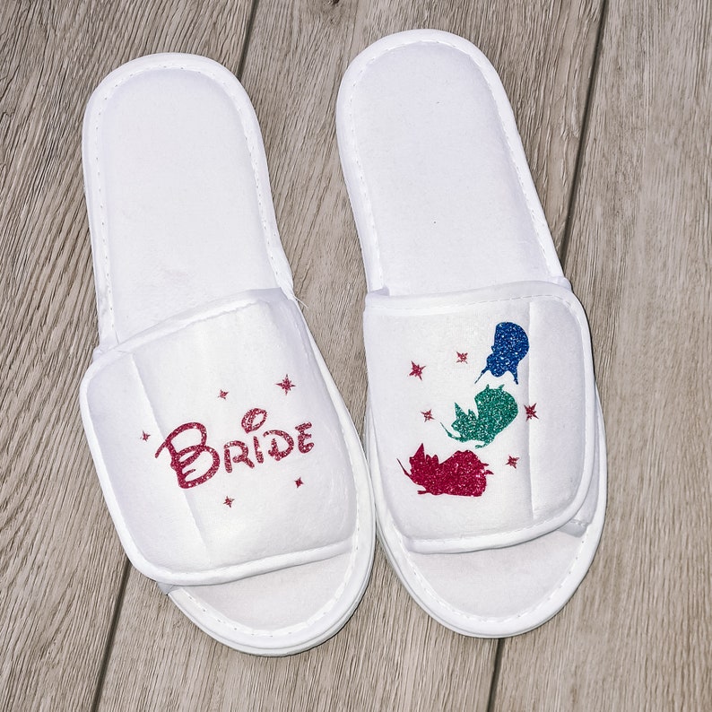 Personalised Slippers for Disney Wedding Perfect for Hen Party Gift Bags Ideal for Bridesmaid Gifts and Spa Weekend Gifts image 1