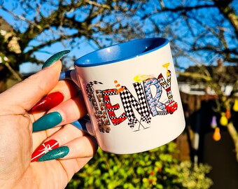 Personalised Disney Name Mug, Lightening McQueen Cars Doodle Letters Mug, Disney Name Mug