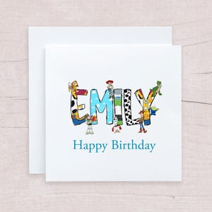 Carte de nom Disney personnalisée pour anniversaire, carte Disney Toy Story doodle lettres, carte d'anniversaire de tout âge