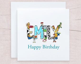 Personalised Disney Name Card for Birthday, Toy Story Doodle Letters Disney Card, Any Age Birthday Card