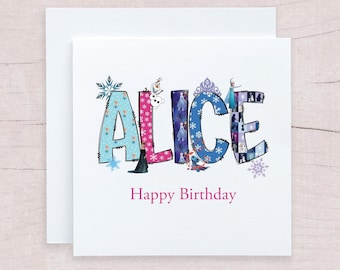 Personalised Frozen Name Card for Birthday, Elsa Doodle Letters Disney Card, Any Age Birthday Card for Girls