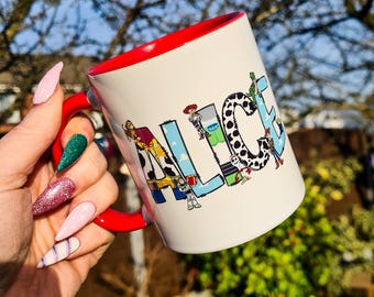 Personalised Disney Name Mug, Toy Story Doodle Letters Mug, Toy Story Mug, Woody and Buzz Mug