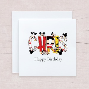 Carte d'anniversaire personnalisée avec nom Disney, carte de lettres Mickey Mouse doodle pour anniversaire, fête des pères, fête des mères, Saint-Valentin
