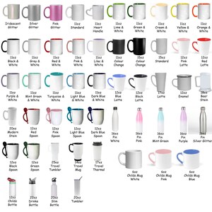 May include: A variety of sublimation blank mugs, tumblers, and water bottles in different sizes and colors. The mugs include standard, heart handle, color change, and latte styles. The tumblers include travel and thermal styles. The water bottles include standard, slim, and sports bottle styles. The sizes range from 11 ounces to 20 ounces.