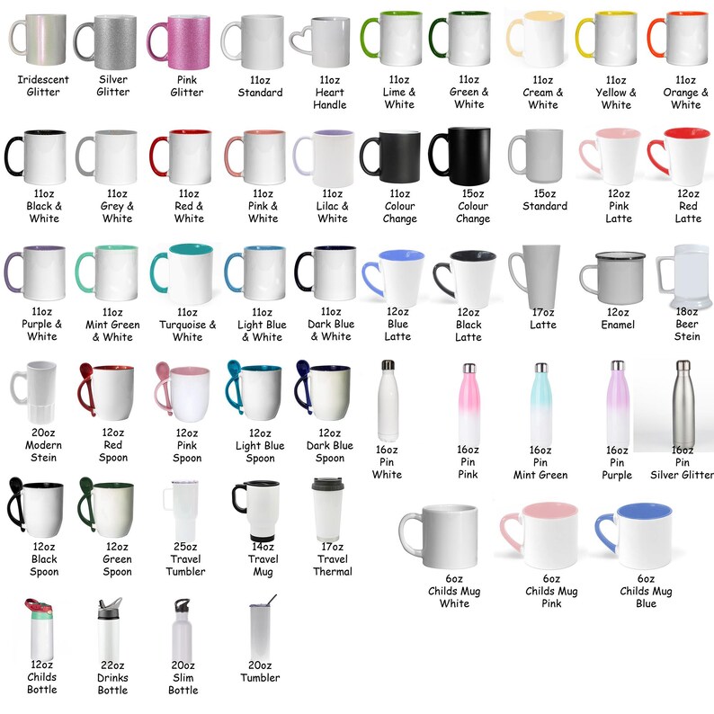 May include: A variety of sublimation blank mugs, tumblers, and water bottles in different sizes and colors. The mugs include standard, heart handle, color change, and latte styles. The tumblers include travel and thermal styles. The water bottles include standard, slim, and sports bottle styles. The sizes range from 11 ounces to 20 ounces.