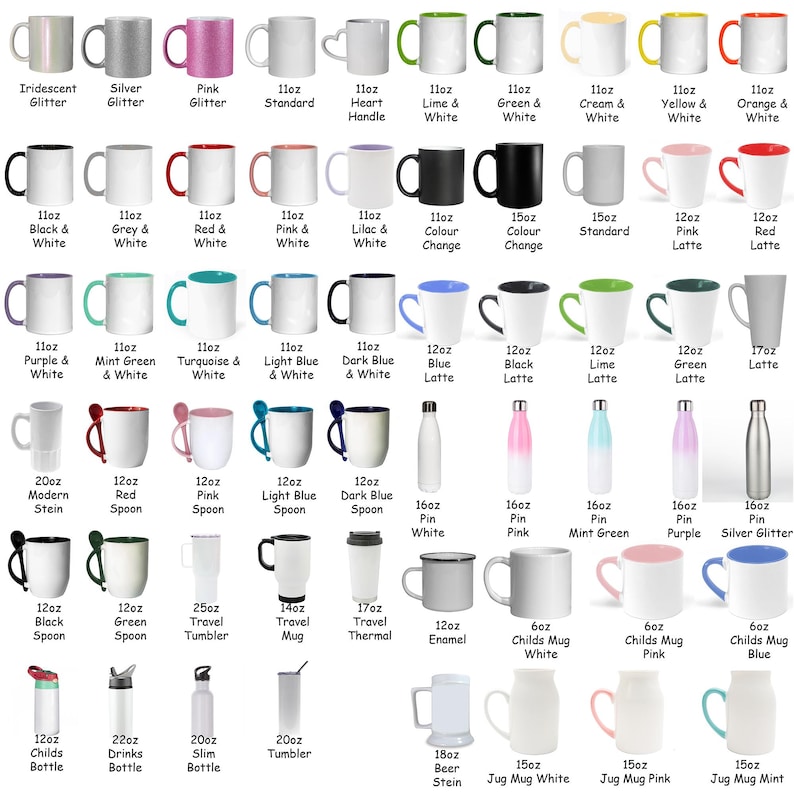 May include: A variety of blank sublimation mugs, tumblers, and bottles in different sizes and colors. The mugs include standard handles, heart handles, and color-changing options. The tumblers are available in travel and thermal styles. The bottles are available in various sizes and styles, including slim, travel, and child-sized.