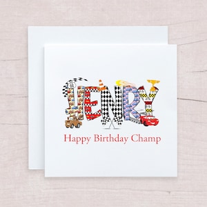 Carte de visite personnalisée Disney pour anniversaire, cartes Disney avec lettres de griffonnage de voitures pour tous les âges, carte d'anniversaire éclair McQueen