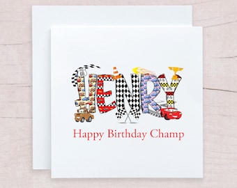 Personalised Disney Name Card for Birthday, Cars Doodle Letters Disney Card for any age Birthday, Lightening McQueen Birthday Card