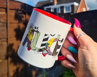 Personalised Disney Name Mug, Nightmare Before Christmas Doodle Letters Mug, Halloween Mug for Autumn