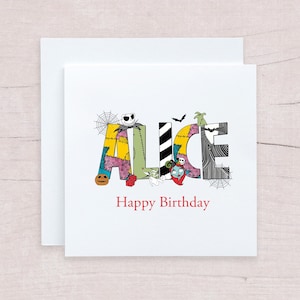Carte de visite personnalisée Disney pour anniversaire, carte Disney L'Étrange Noël de nos jours avec lettres gribouillées, carte d'Halloween pour l'automne