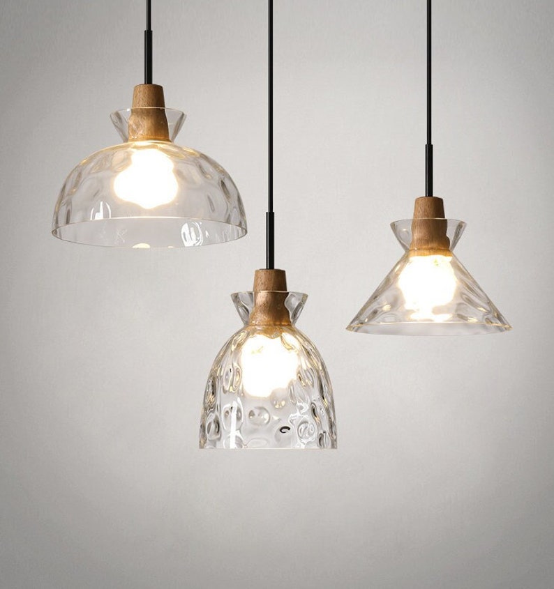 Glass Wood Pendant Light Ceiling Lighting Hanging Light Kitchen Island Lighting Light Farmhouse Light Hanging Lamp Wood Plug shops In Modern