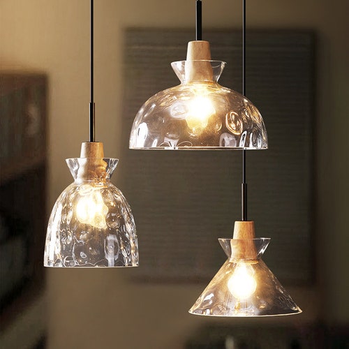 Glass Wood Pendant Light Ceiling Lighting Hanging Light Kitchen Island Lighting Light Farmhouse Light Hanging Lamp Wood Plug shops In Modern