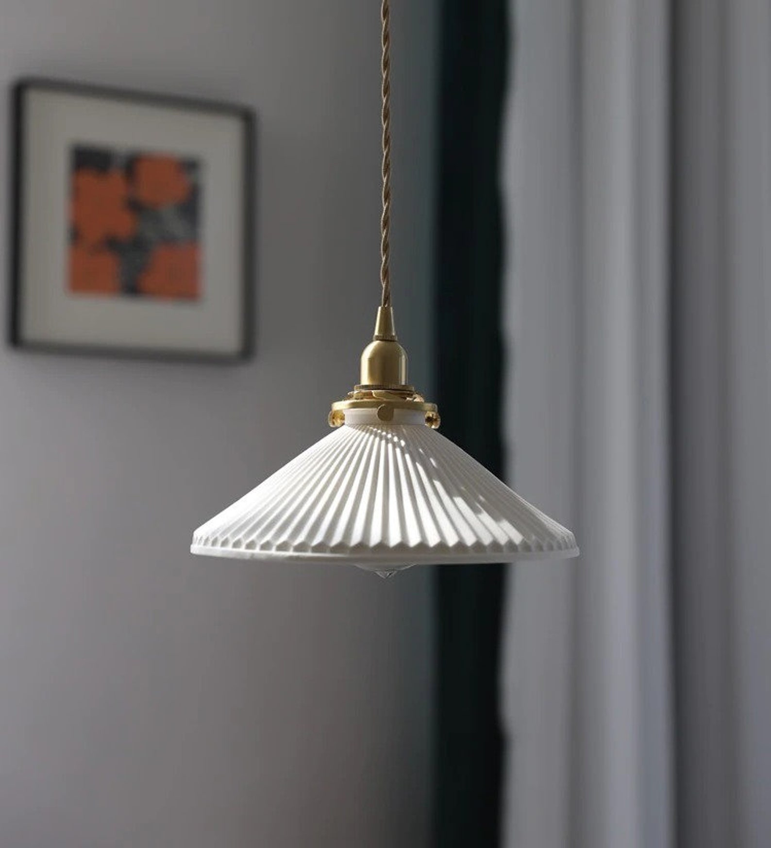 Pendant Light Ceramic Shade Brass Fluted Ceiling Light Fixture Etsy