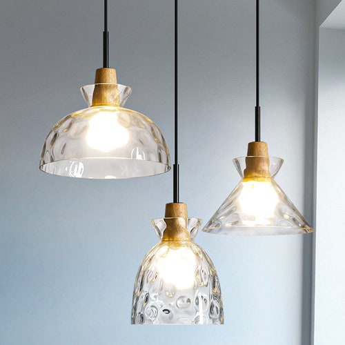Glass Wood Pendant Light Ceiling Lighting Hanging Light Kitchen Island Lighting Light Farmhouse Light Hanging Lamp Wood Plug shops In Modern