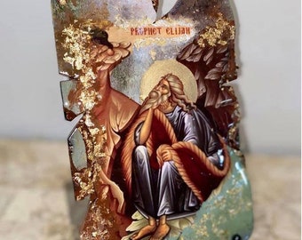 Ícone de Santo Elias feito à mão, arte cristã ortodoxa com flocos de ouro.