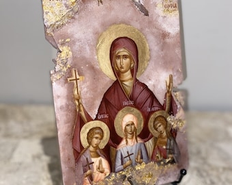 Religious icons Saint Sophia and her three daughers agia Sophia art handmade 1 off piece orthodox Catholic Christian