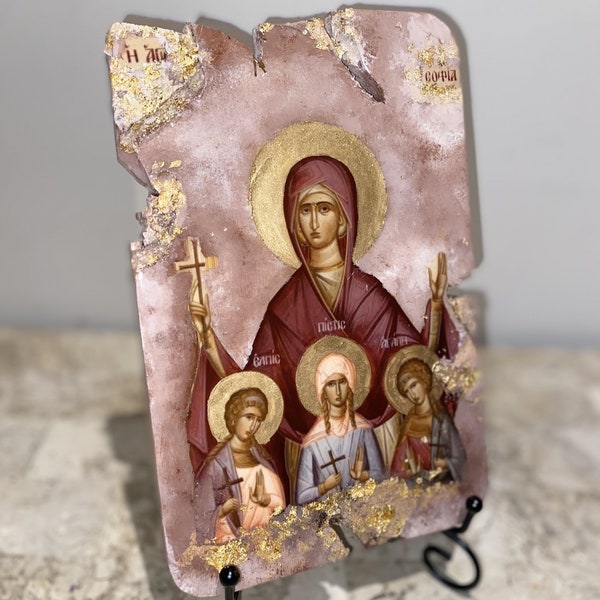 Religious icons Saint Sophia and her three daughers agia Sophia art handmade 1 off piece orthodox Catholic Christian