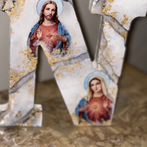 Icona religiosa lettera arte Cattolica Gesù & Maria lettera personalizzata e santo CHristian regalo battesimo compleanno
