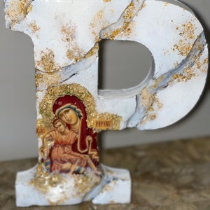 Madre Maria lettera arte P icona religiosa lettera personalizzata resina cattolica cristiano ortodosso battesimo matrimonio prima comunione compleanno regalo