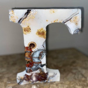 Icona religiosa lettera greca lettera d'arte lettera personalizzata e santo cristiano cattolico ortodosso occasione speciale regalo San Giorgio