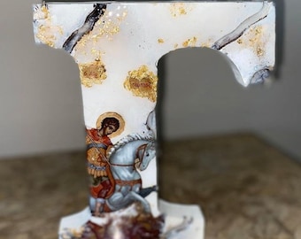Arte artesanal com a letra de São Jorge – Ícone cristão ortodoxo