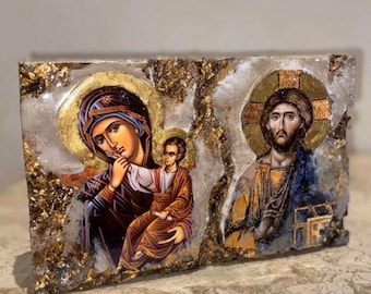 Double religious icon mother Mary and Baby Jesus and Jesus Christ freestanding icon art