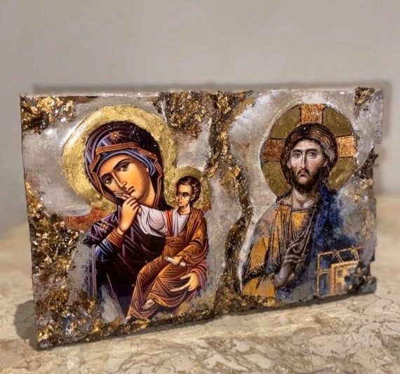 Double religious icon mother Mary and Baby Jesus and Jesus Christ freestanding icon art