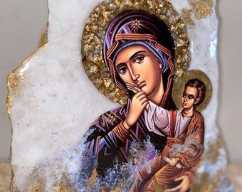 Ícone de mármore personalizado: Arte religiosa cristã ortodoxa católica – peça única feita à mão