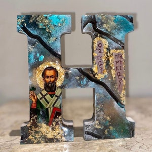 Lettera H icona religiosa personalizzato resina cattolico cristiano ortodosso battesimo comunione di nozze regalo di compleanno Qualsiasi santo lettera Patrick