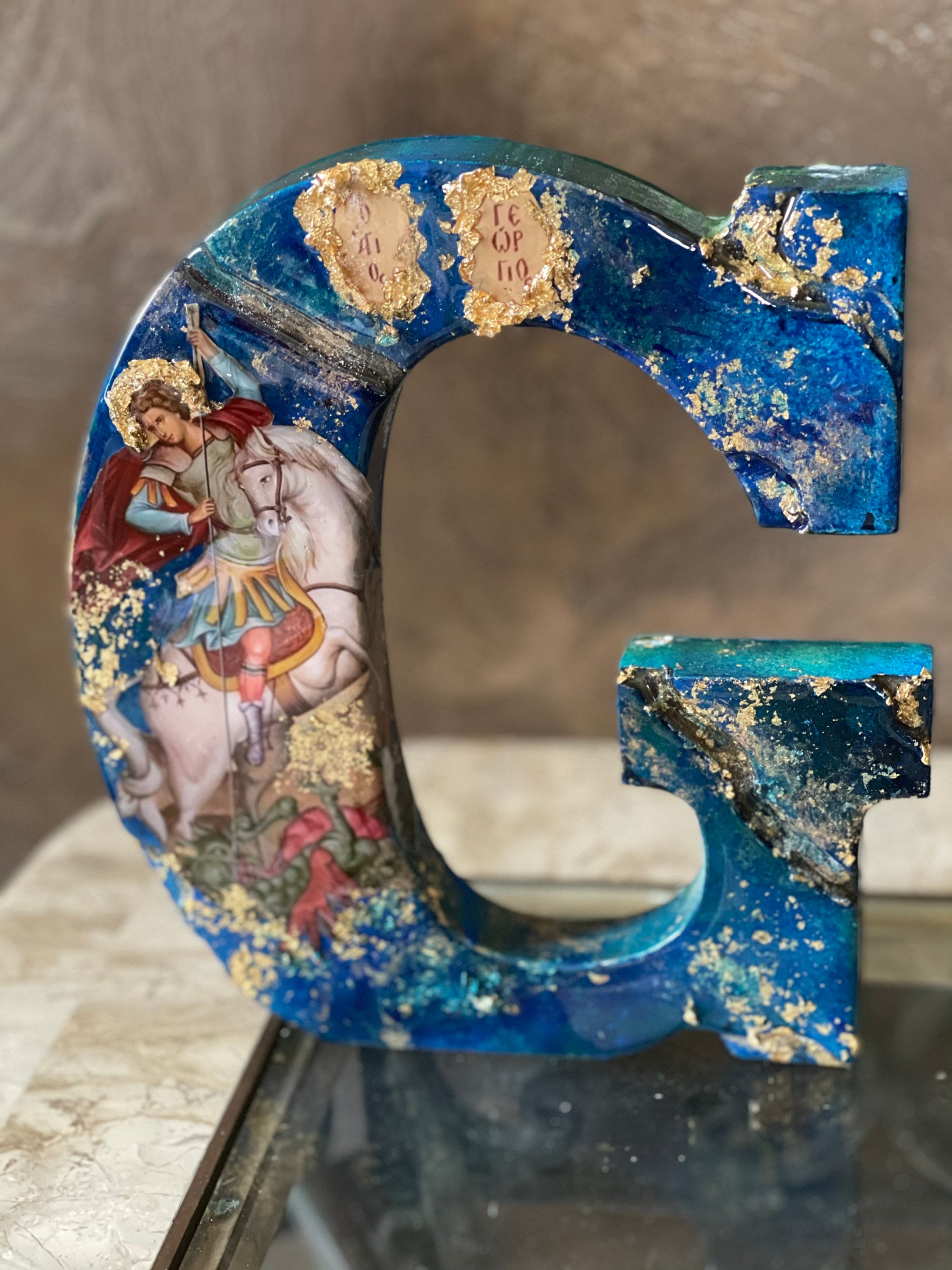 Saint George letter G art  Religious  icon custom  catholic Christian Orthodox christening wedding communion birthday gift