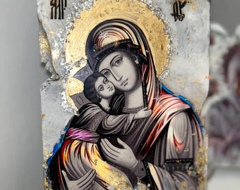 Ícone religioso da Virgem Maria com o Menino Jesus Cristo, arte feita à mão, peça única.