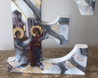 Evangelismos De aankondiging van de Theotokos Religieus icoon briefkunst aangepaste brief en heilige christelijk katholiek orthodox