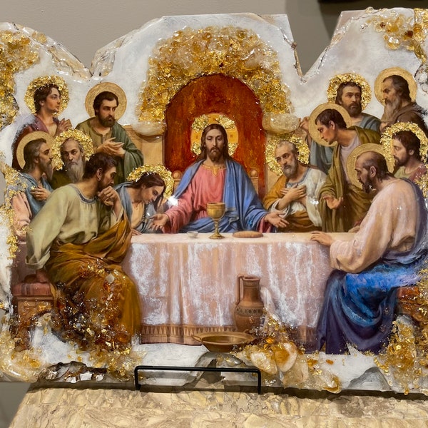 XXLarge Religious icon - natural gemstone adorned icon The last supper Jesus Christ  icon art handmade 1 off piece