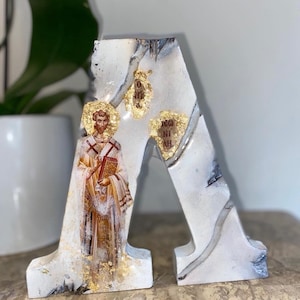 Icona religiosa lettera greca lettera d'arte lettera personalizzata e santo cristiano cattolico ortodosso occasione speciale regalo Saint Leonidas