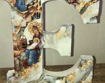 Religious icon letter art custom letter and saint Nativity mother Mary birth baby Jesus Christian Catholic Orthodox
