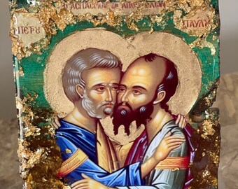 Religieus icoon Saint Petros en Pavlos (Peter Paul) icoon kunst handgemaakt 1 uit stuk x klein cadeau doop doop verjaardag Pasen